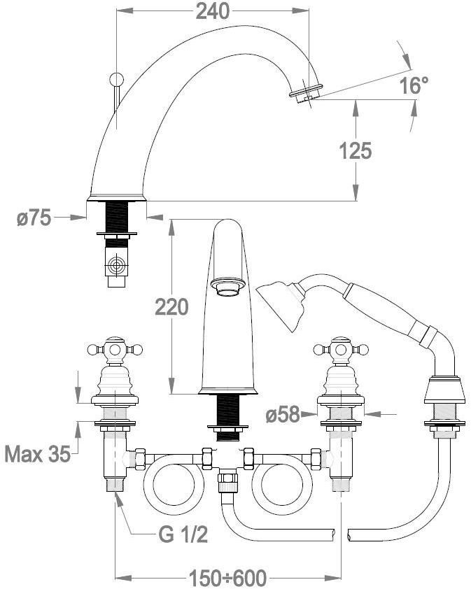 Fir Italia Комплект для ванны с ручным душем на 4 отверстия Melrose 20 2047312 - Вид №1