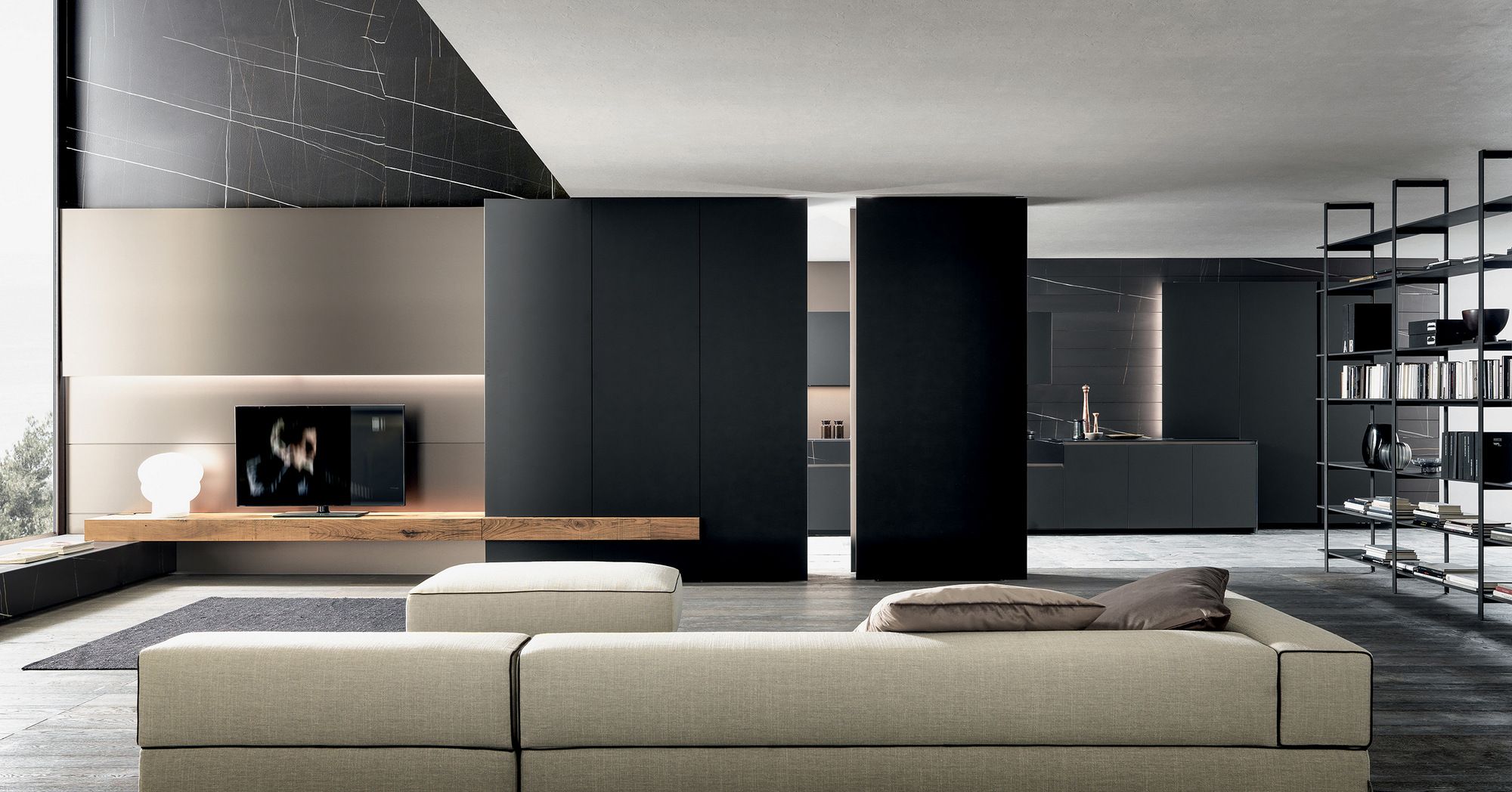 Стена оборудована металлической подставкой для телевизора и дубом MODULNOVA Blade ARCH-00107210 - Вид №1