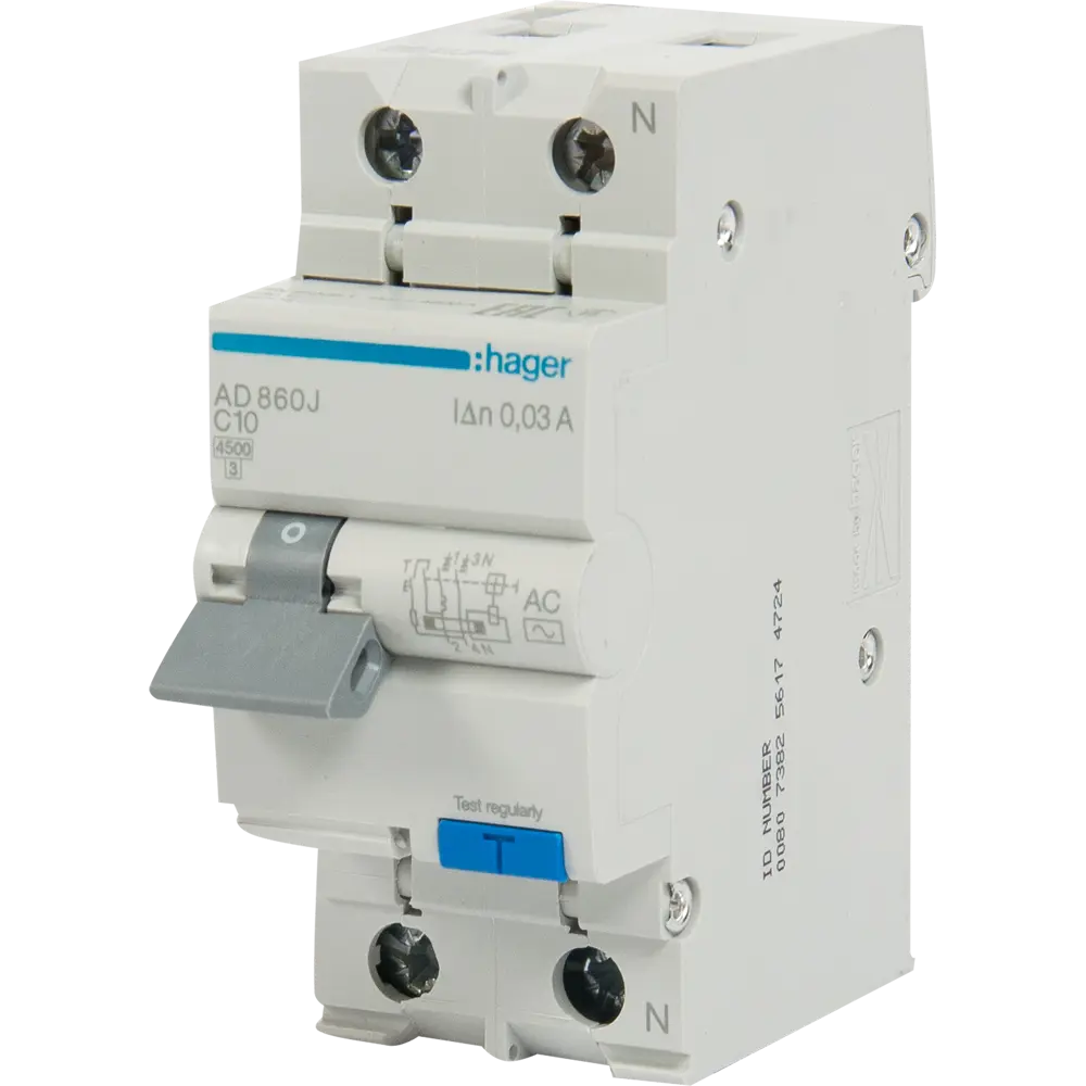 Дифференциальный автомат Hager AD860J 1P N C10 A 30 мА 4.5 кА AC STLM-2084365
