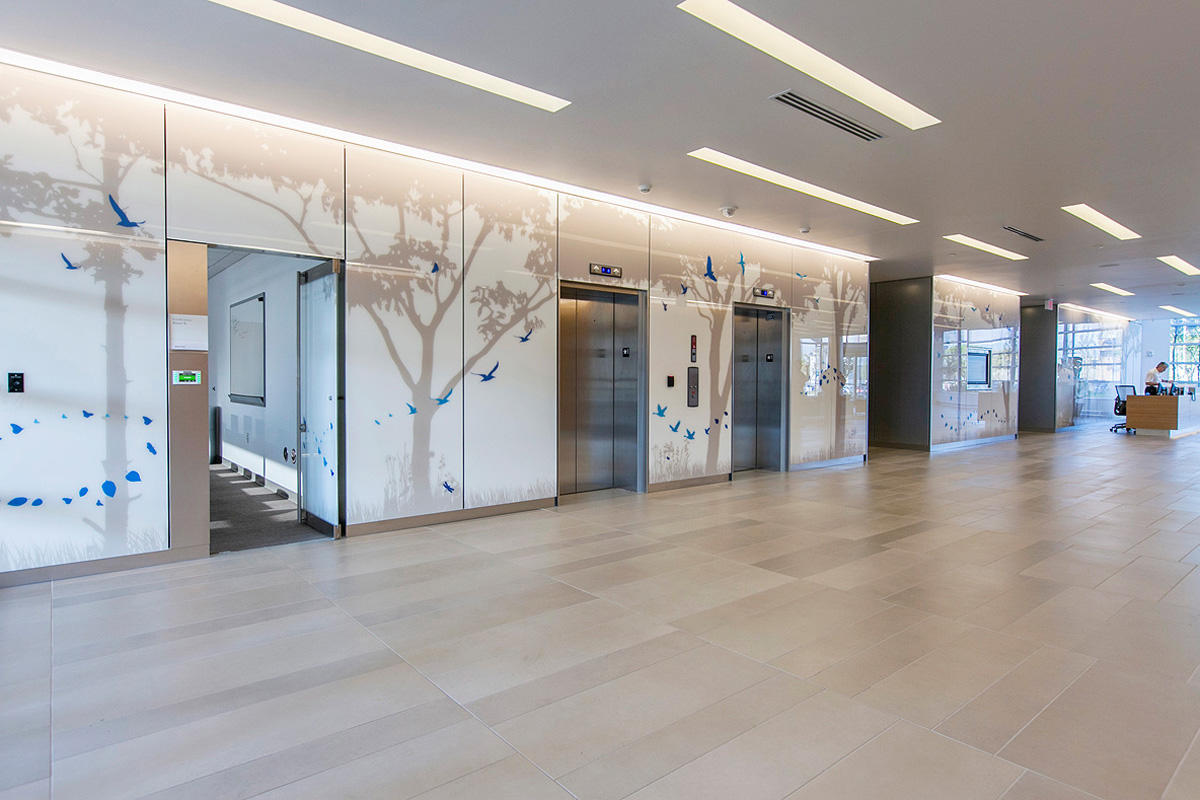 FSRT674 Система облицовки стен Levele панелями лайтпланов; Вставки из вивихромового хромового стекла с белой прослойкой и опалексной отделкой показаны с подсветкой в ​​здании Brandywine, Уилмингтон, Делавэр Forms-surfaces  - Вид №17