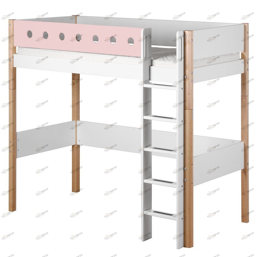 Кровать Flexa White высокая с прямой лестницей, 200 см, розовая лакированная 801750221