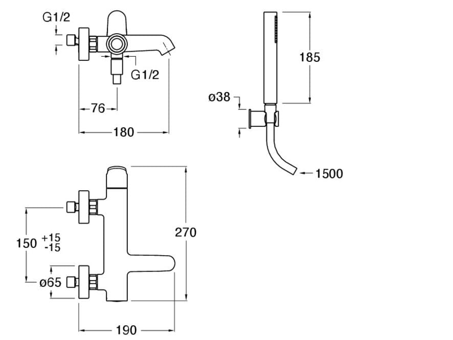Настенный набор для ванны с 3 отверстиями и переключателем CRISTINA Rubinetterie бочка ARCH-00147221 - Вид №2