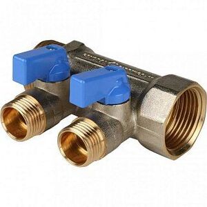 Коллектор с шаровыми кранами 1" STOUT 2 выхода 1/2", синие ручки