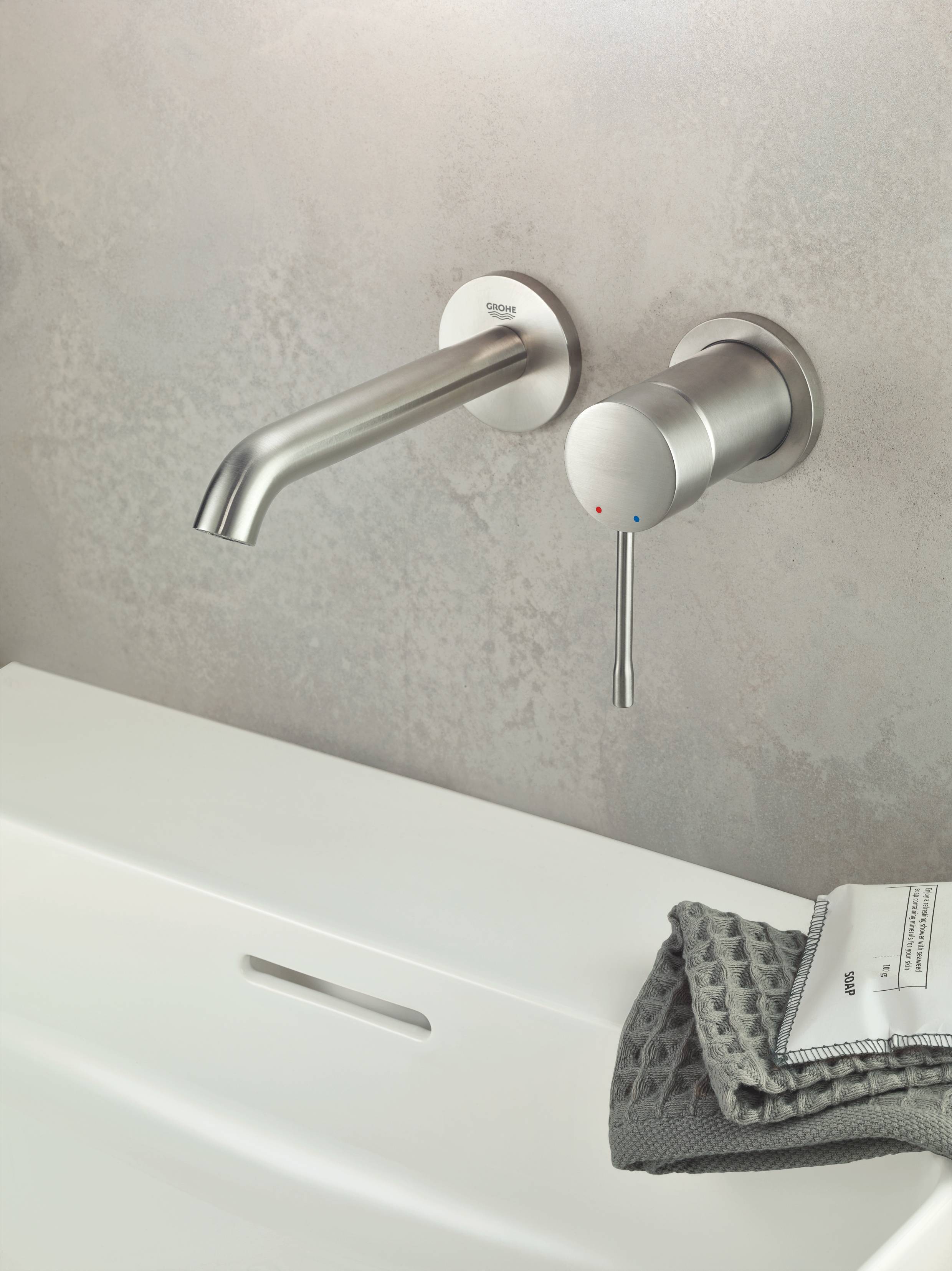 Внешняя часть смесителя GROHE Essence New для раковины, настенный монтаж, на два отверстия, суперсталь (19408DC1) - Вид №2