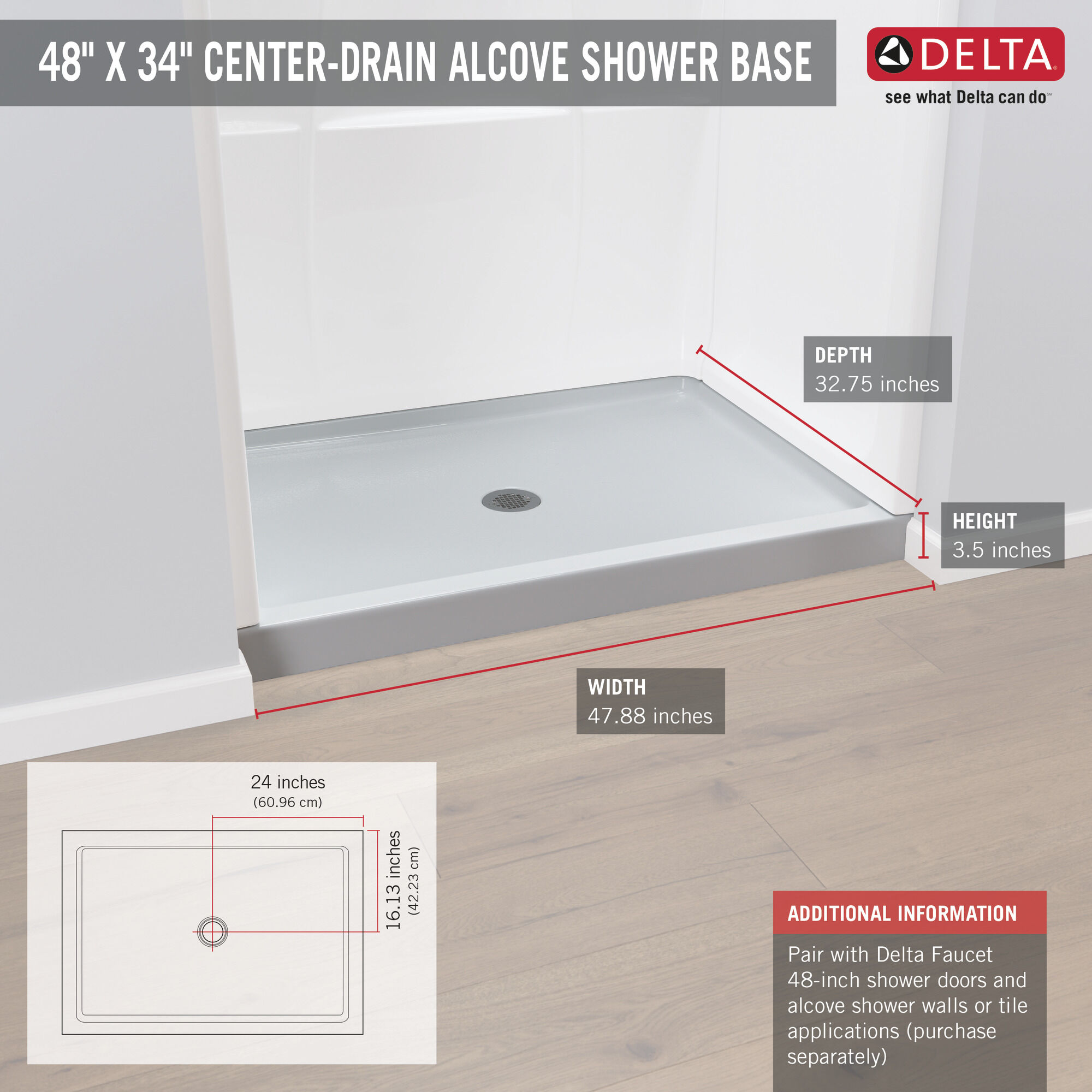 40074 Подставка для душа 48 "X 34" Delta Faucet Classic 400 Глянцевый белый  - Вид №16