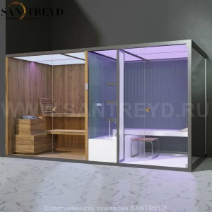 Effegibi BODYLOVE SH BL40240005 Фронтальная комбинированная баня: хаммам и сауна. Установка: в левый угол. Мощность: 15 кВт макс. Размеры: длина 393 см, ширина 176 см. Отделка: термообработанная древесина, трубчатое стекло и зеркало.