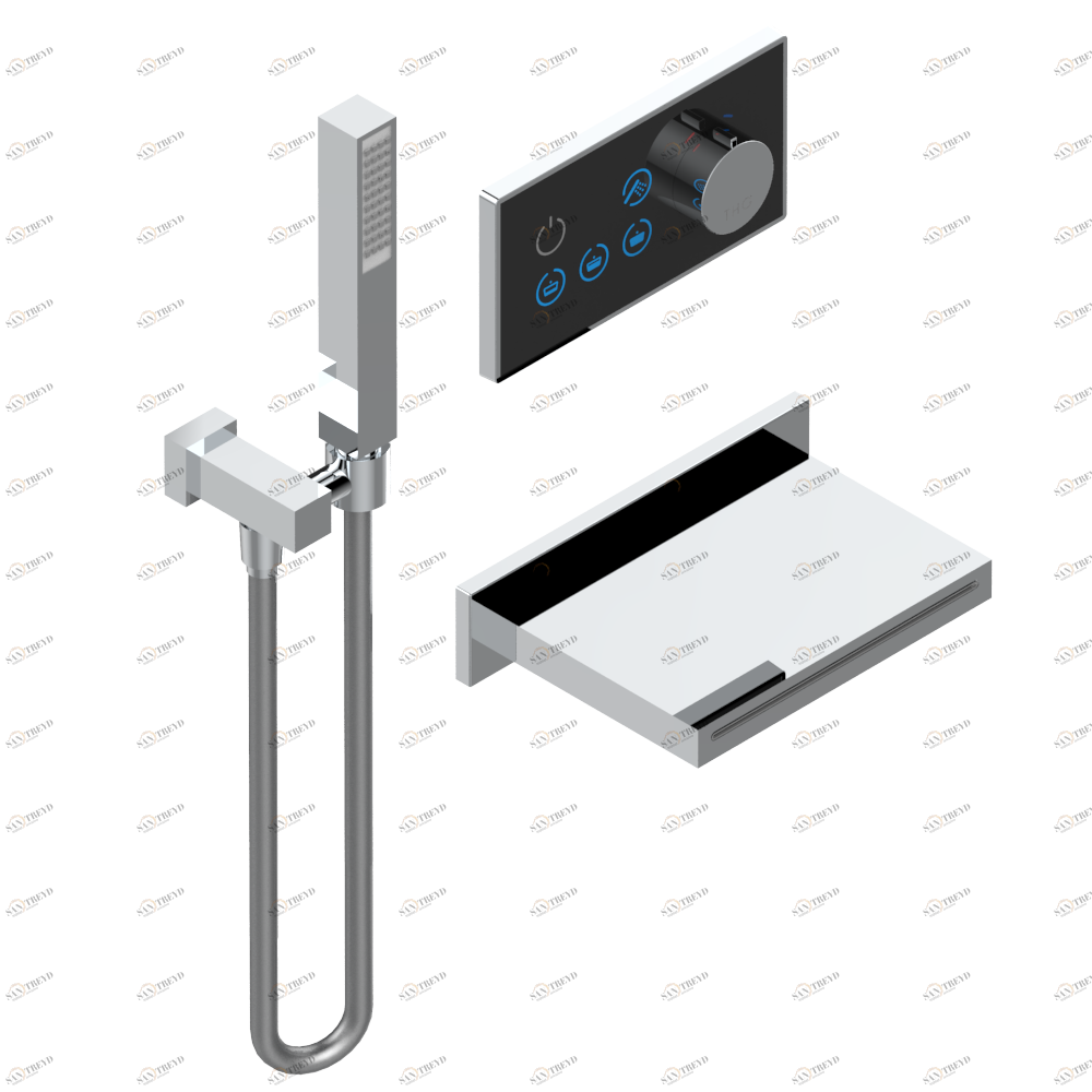 D14-6712N Комплект для ванны Electrobox (включающий настенный смеситель с каскадным изливом, квадратный ручной душ и смеситель с черной панелью, встраиваемый корпус и трансформатор) Thg-paris Electrobox Хромированный D14 6712N  A02 CAT.A