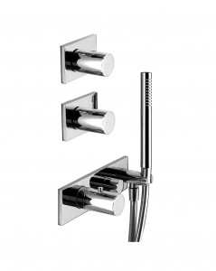 4713B+4713A  Термостатический встраиваемый смеситель для душа, 3/4''3 выпуска 3/4'' ручки ручная лейка SUN только для вертикальной установки шланговое подсоединение с держателем для ручной лейки гибкий шланг 150 см ПВХ впуски 3/4'' Звукоизолированные N.B.