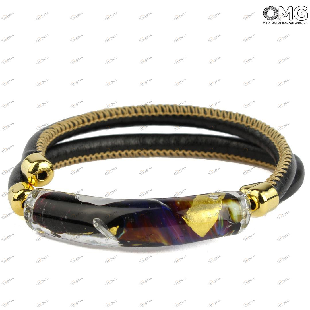 3766 ORIGINALMURANOGLASS Браслет Костанция чёрный - золото и халцедоновое стекло - муранское стекло OMG 18 см 