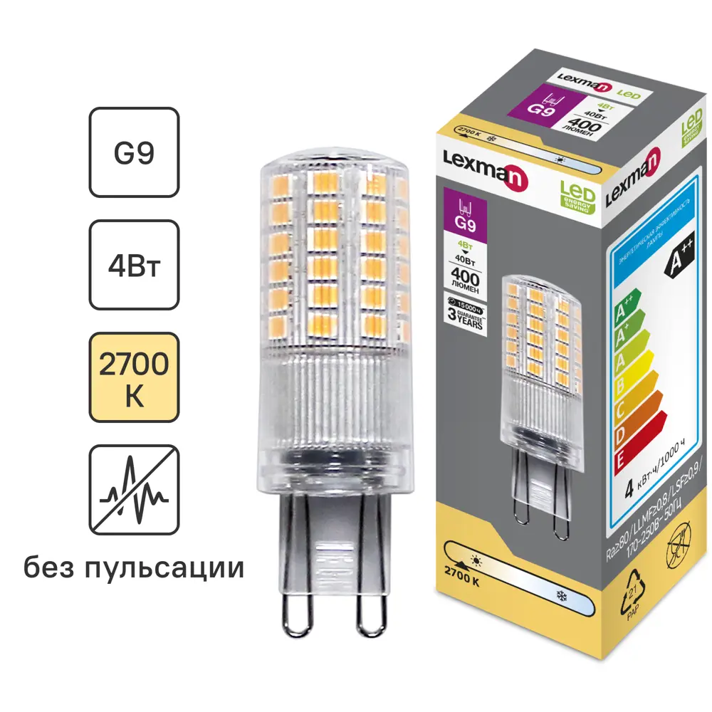 LEXMAN Светодиодная лампа G9 прозрачная капсула 4Вт теплый свет 82991579 STLM-0916134