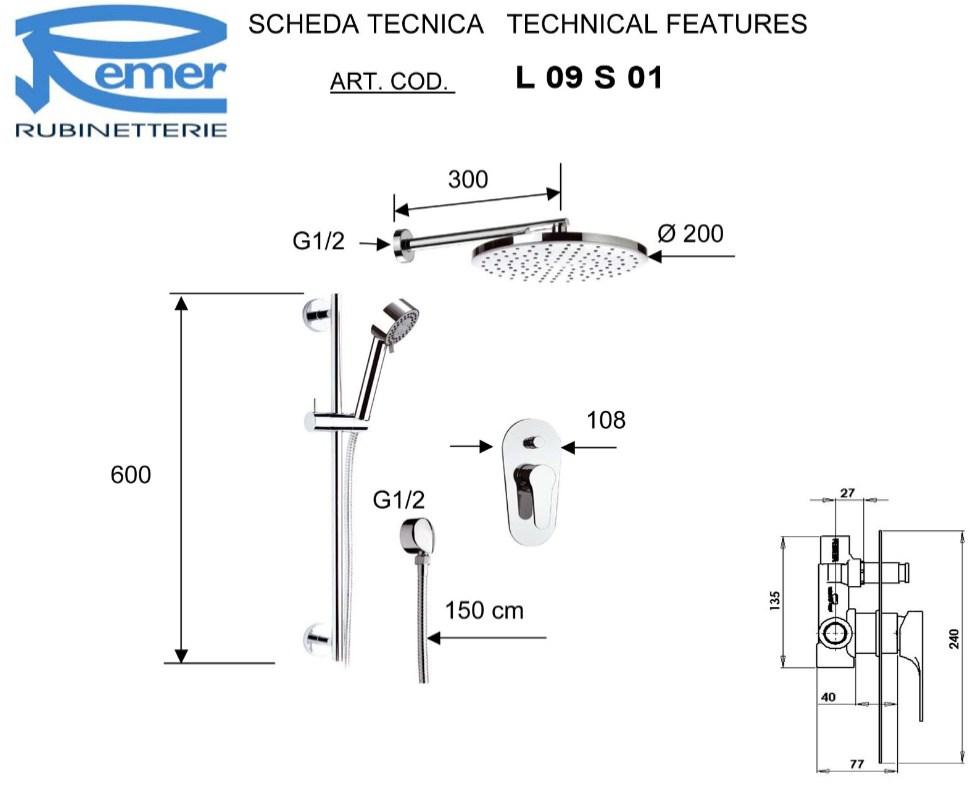Remer Rubinetterie Направляющая со смесителем, лейкой для душа и ручным душем Class line L 09 s 01 - Вид №1