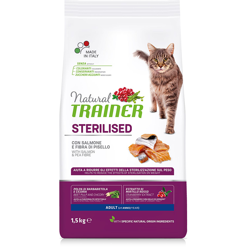 ПР0039521 Корм для кошек TRAINER Natural Adult Sterilised для кастрированных, лосось сух. 1,5кг NATURAL TRAINER 