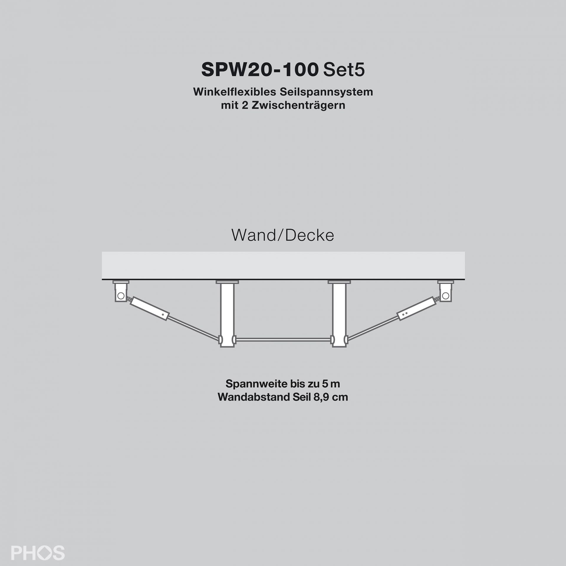 SPW20-100Set5 Гибкая система натяжения кабеля до 5 метров, расстояние до стены 9,2 см PHOS 