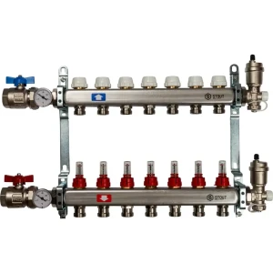 Коллекторная группа с расходомером Stout на 7 выходов 3/4"x3/4" нержавеющая сталь
