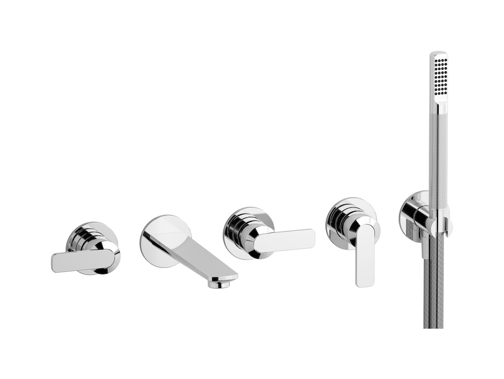 Настенный смеситель для ванной на 5 отверстий с дивертером и душевым гарнитуром. WE ARE IB c6398cc Chrome C-67