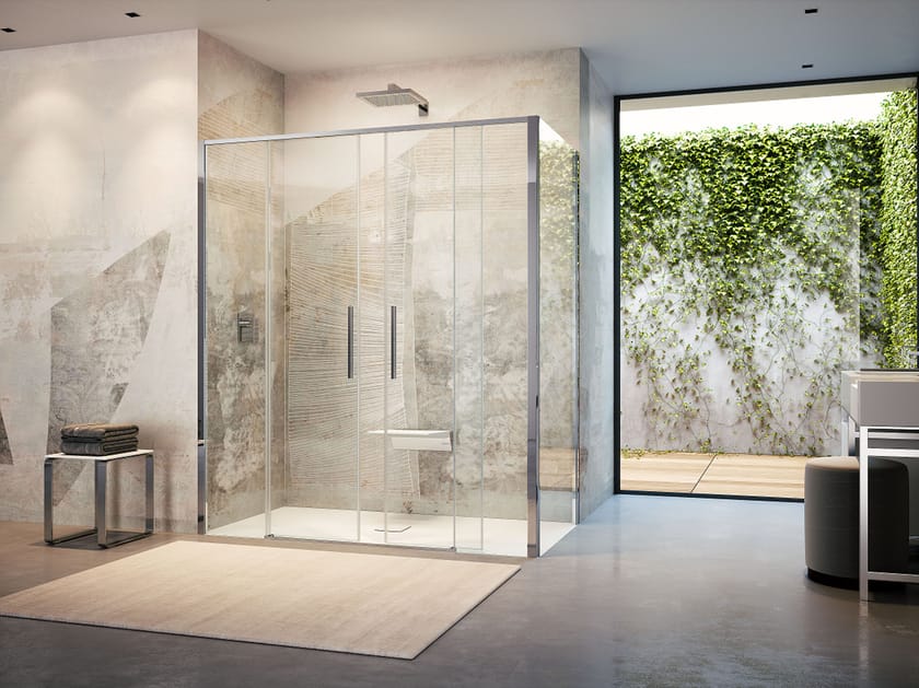 Стеклянная угловая душевая кабина с раздвижной дверью Provex Industrie ARCH-00045996