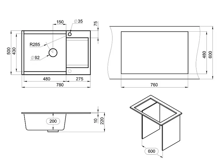 ES-7807, ЧЁРНЫЙ, кухонная мойка, кварц, ESTETICA GRANULA 7807-ST259 - Вид №4