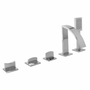 Палубный набор для ванны с 5 отверстиями 1/2 дюйма. Состоит из: 2 ручки, излива для ванны, переключателя и ручного душа с гибким душем 150 см. Излив на ванну без аэратора. Расход 12,03 л / мин. при 3 барах. Гибкий душевой шланг с любой отделкой всегда буд