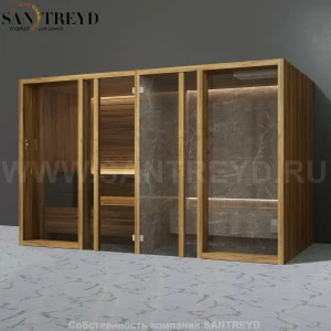 Effegibi YOKU.G SH YO.30220004 Комбинированная баня: хаммам и сауна. Установка: к стене Мощность: 10,5 кВт макс. Размеры: длина 342 см, ширина 170 см. Отделка: термообработанное дерево и темный керамогранит