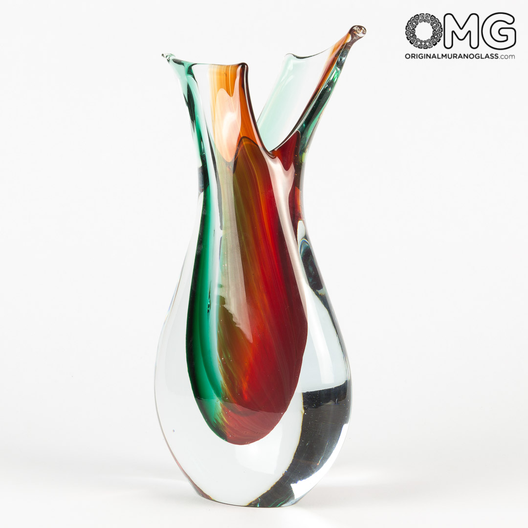 2893 ORIGINALMURANOGLASS Ваза Рыба - красно-зелёная - соммерсо - Original Murano Glass OMG 12 см  - Вид №1