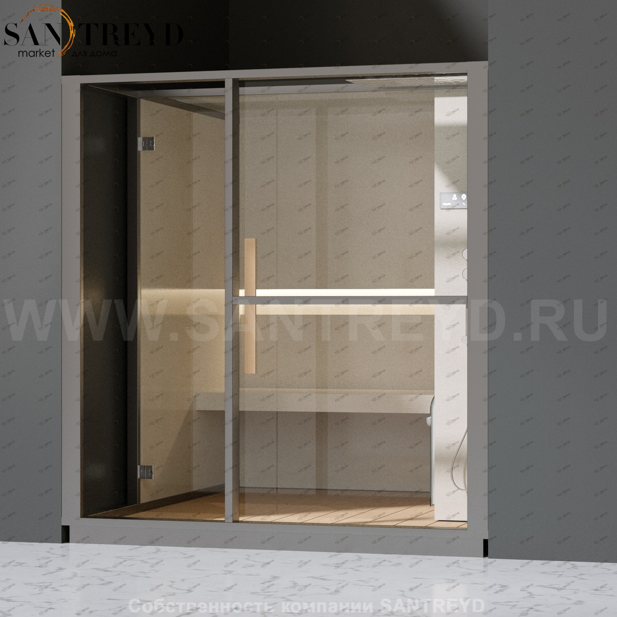 Effegibi LOGICA H LO30010009 Хаммам. Установка: в нишу. Правая дверь. Мощность: 4,5 кВт макс. Размеры: длина 214 см, ширина 250 см. Отделка: матовый лакированный серый аллюминий и бежевый ламинат из керамогранита.