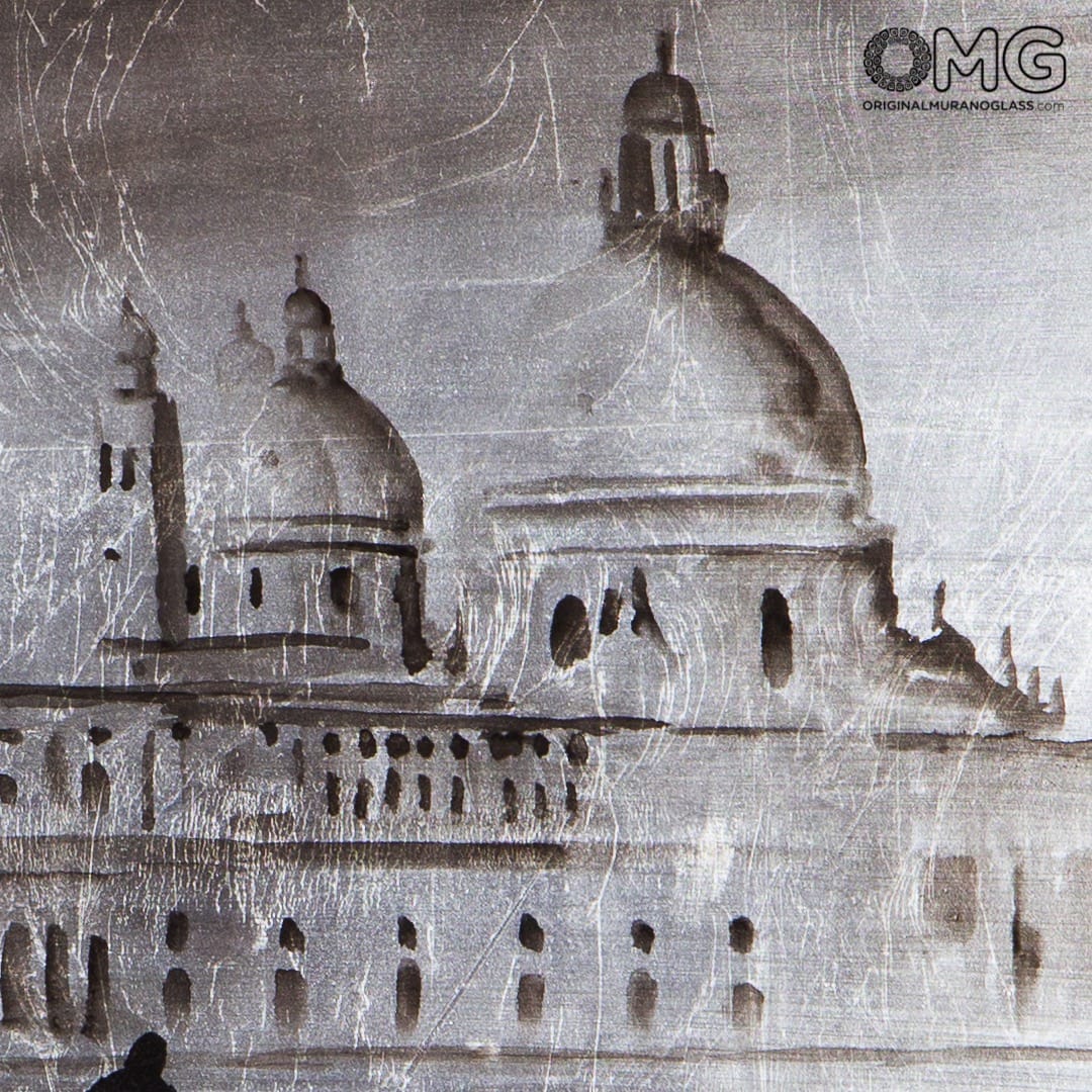 2434 ORIGINALMURANOGLASS Картина с рамкой - Собор делла Салюте после дождя в чёрно-белых цветах, эмаль на серебряном листе - муранское стекло - Original Murano Glass OMG 3 см  - Вид №1