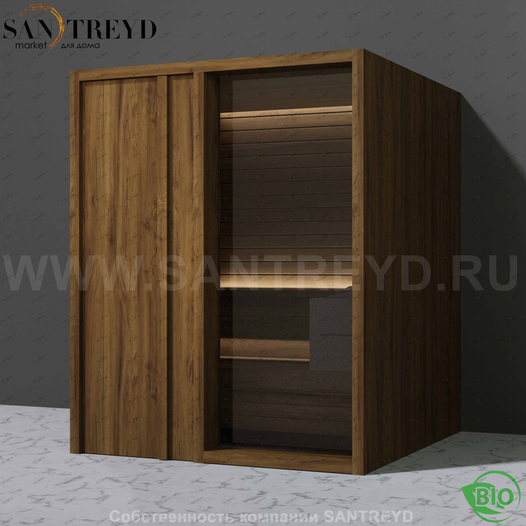 Effegibi YOKU.D60 BI.70200014 Био-сауна с левой дверью. Мощность: 6 кВт макс. Размеры: длина 174 см, ширина 170 см. Отделка: чёрный орех BI70200014