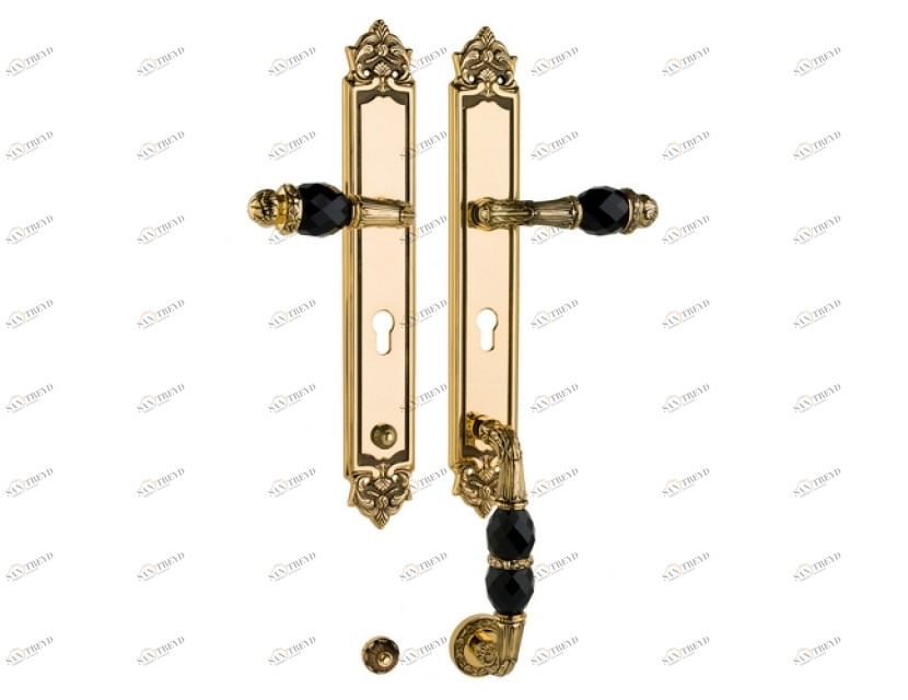 0J3705.SN85Y.34 Комплект входной двери с черным кристаллом сваровски и европрофилем 85мм Сатинированная латунь и черный патин Mestre 