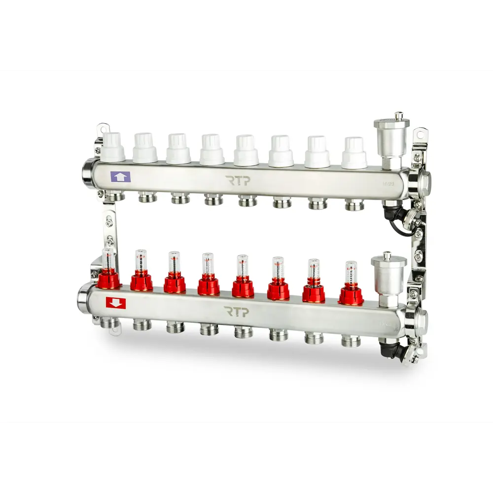 Коллекторная группа для теплого пола RTP 1"х3/4" евроконус 8 выходов нержавеющая сталь STLM-2174426