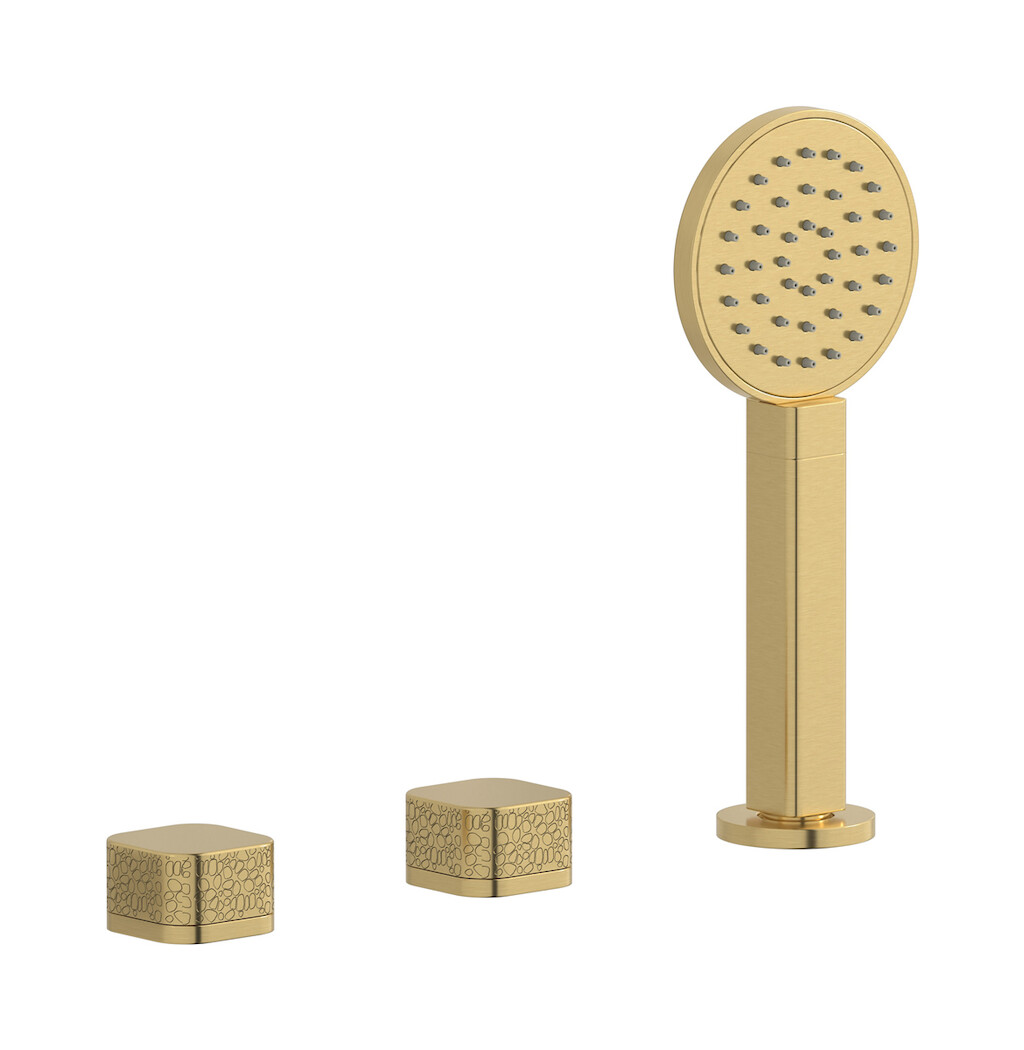 Смеситель на бортик ванной на 3 отверстия с изливом, дивертером и душевым гарнитуром. WE ARE IB eo397os_2 Brushed Gold Elio