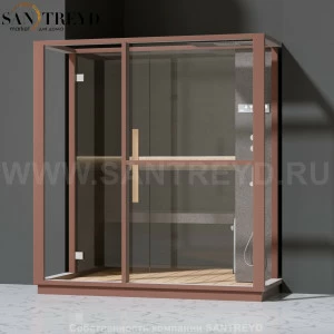 Effegibi LOGICA H LO30030011 Хаммам. Установка: в полунишу. Правая дверь. Мощность: 4,5 кВт макс. Размеры: длина 214 см, ширина 250 см. Отделка: матовый лакированный коричневый аллюминий и темный ламинат из керамогранита.