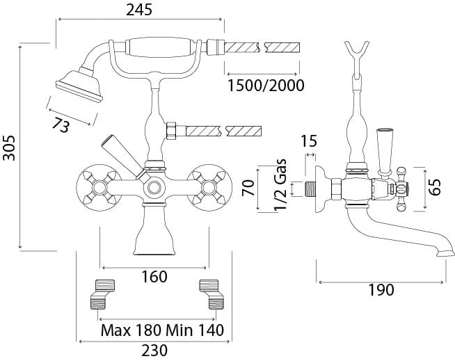 Настенный смеситель для ванны с 2 отверстиями и ручным душем Park Avenue Hopkins ARCH-00135195 - Вид №3