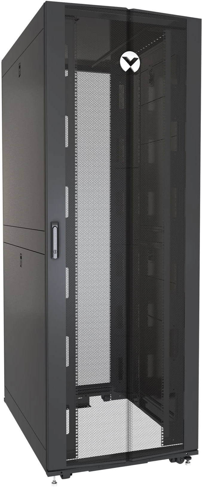 VR3357 Серверный шкаф 48u 2265mm x 800mm x 1215mm (вхшхг) перфорированная передняя одностворчатая дверь, перфорированные двойные задние двери, (степень перфорации 77%), 19” направляющие спереди и сзади, боковые панели с двух сторон, разделенные на 2 части Santreyd 