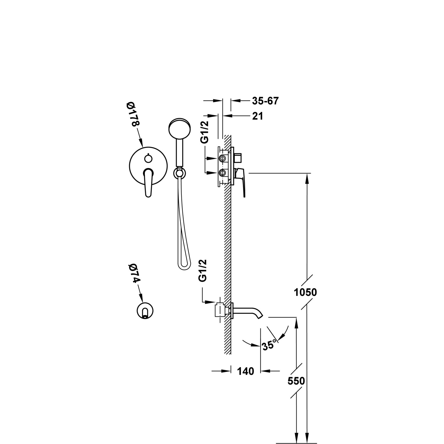 ПЛОСКИЙ быстроразъемный 2-ходовой скрытый смеситель с одной ручкой для ванны и душа-20428006 TRES  - Вид №1