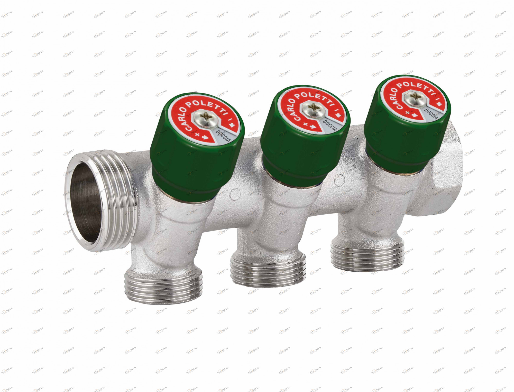 Carlo Poletti C523N02QV Коллектор сборный с регулировочным клапаном. Ручка зеленая с идентификационными пластинками красный/синий. 2 ответвления, межосевое расстояние 40 мм 