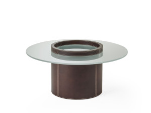 Круглый журнальный столик из кожи и матового стекла
