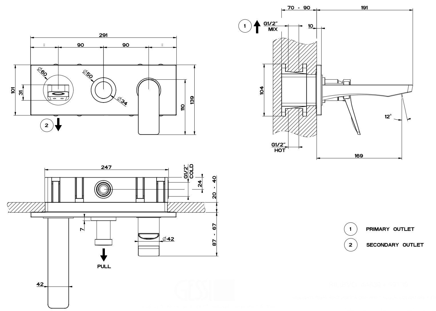Смеситель для ванны с 3 отверстиями из латуни с пластиной Gessi рельеф ARCH-00043762 - Вид №1