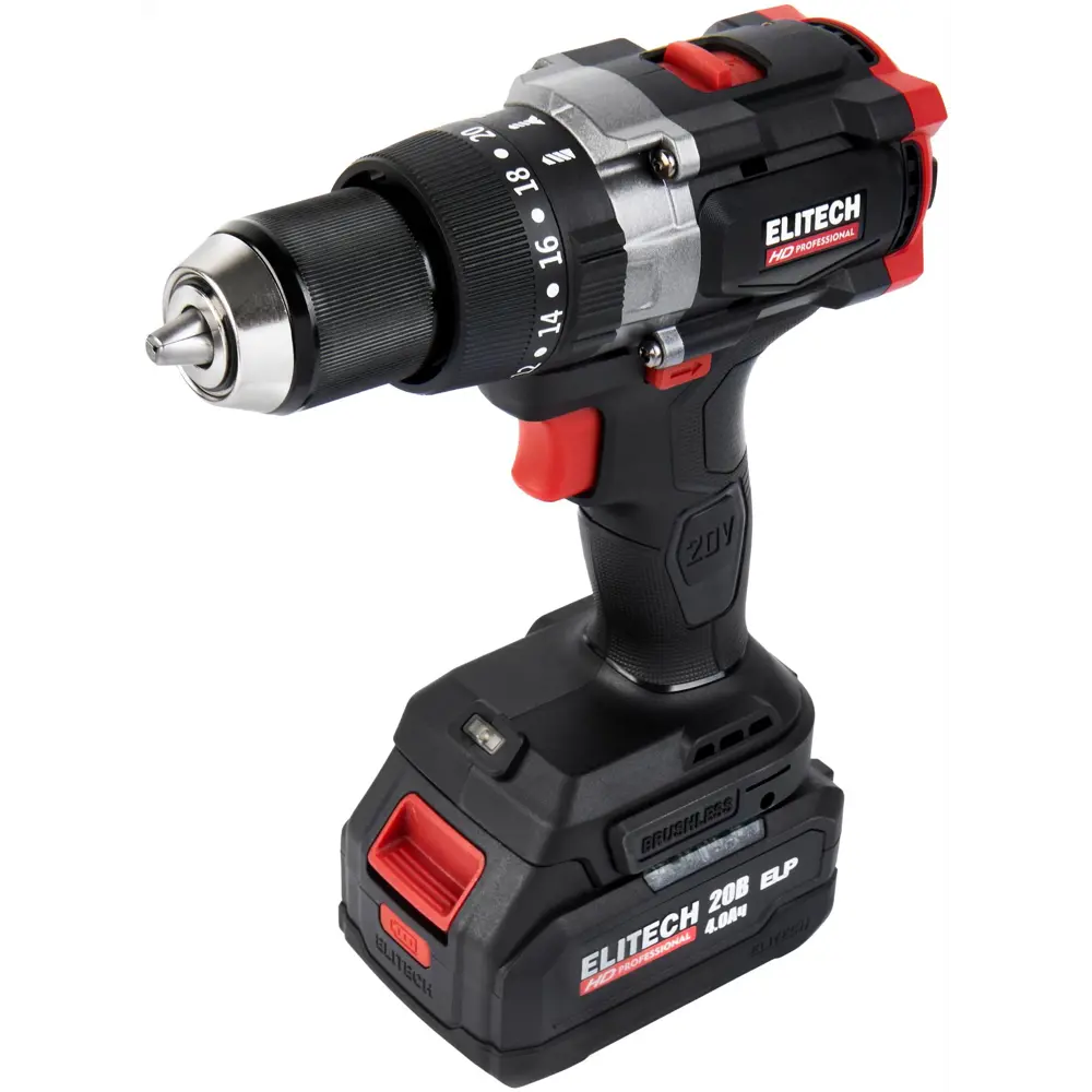 89399011 Дрель-шуруповерт аккумуляторная бесщеточная Elitech HD CD 20BL2 20 В Li-ion 2x4 Ач STLM-1422223  - Вид №2
