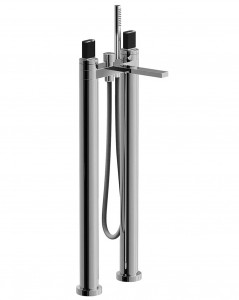 N580SB+1680A  Напольный смеситель для ванны - VENEZIA INвылет 21,5 см без ручек переключатель на 2 потока с кнопкой ручная лейка FIT держатель ручной лейки гибкий шланг 150 см, хромированная латунь гибкий шланг 140 см хромированная латунь для PVD-отделок