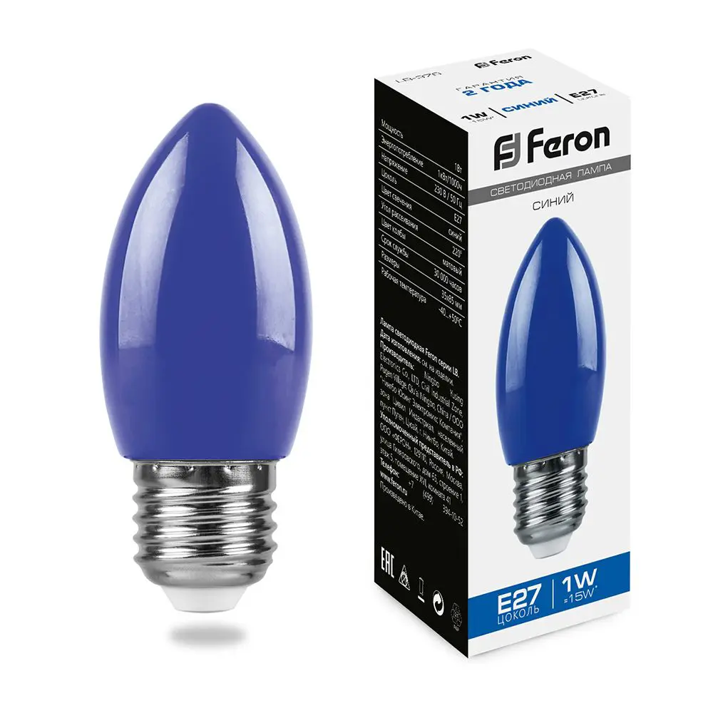 Лампа светодиодная Feron E27 LB-376 230 В 1 Вт свеча синий цвет света STLM-2050479 - Вид №1