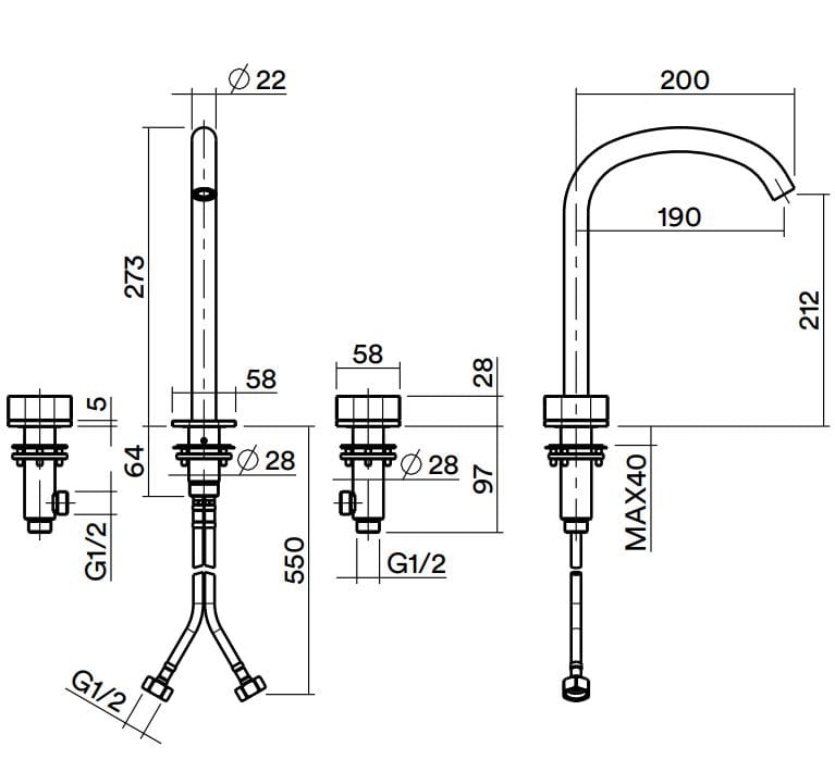 Смеситель для раковины из нержавеющей стали с 3 отверстиями Quadrodesign супер ARCH-00061294 - Вид №2