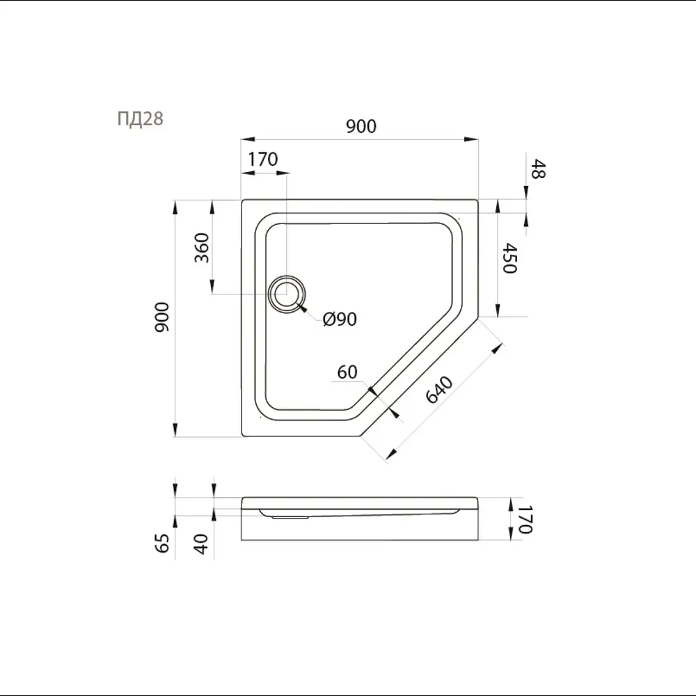 Душевой поддон Triton ПД28 пятиугольный акриловый 90x90 см ножки в комплекте STLM-2195475 - Вид №4