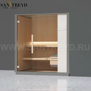 Effegibi ONE S LO50010007 Сауна. Установка: в правый угол. Правая дверь. Мощность: 6 кВт макс. Размеры: длина 214 см, ширина 171 см. Отделка: канадский хемлок, матовый лакированный серый аллюминий и бежевый ламинат из керамогранита.