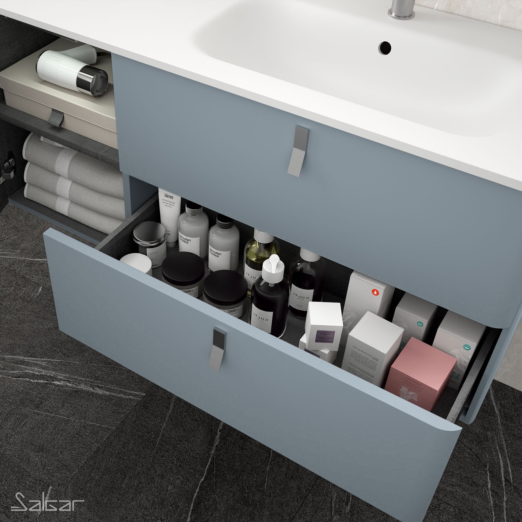 83125 SALGAR Мебель для умывальника UNIIQ 900 BLUE FOG левая 1 дверца и 2 ящика с системой мягкого закрывания 897 x 540 x 450 мм  - Вид №2