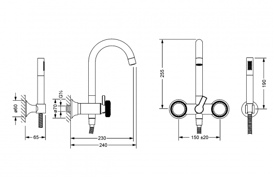 Смеситель для ванны ½“ настенный, с душевым гарнитуром JOERGER Valenciaновинка 638.20.105.000-AA - Вид №1