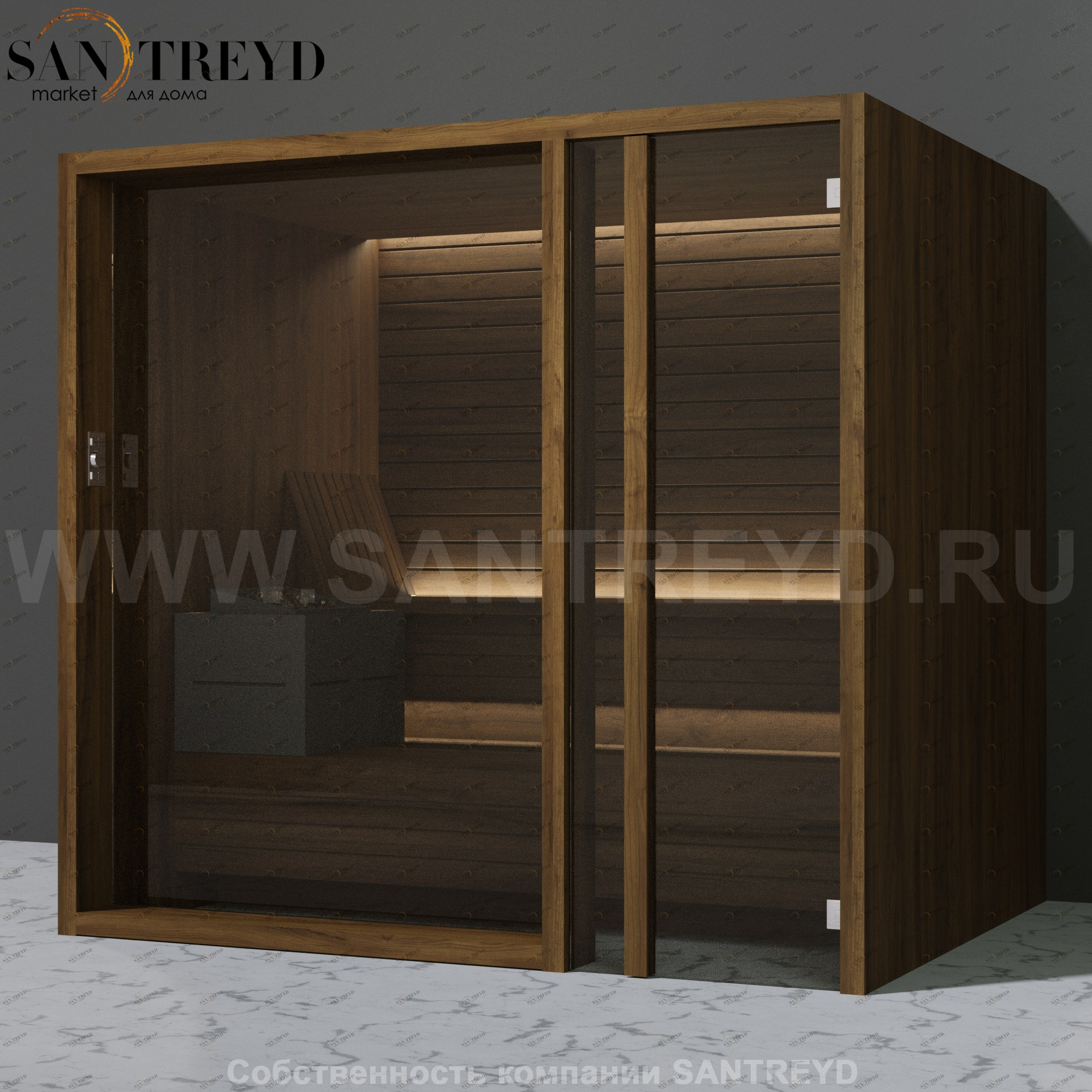 Effegibi YOKU.G105 SA.70300001 Сауна с правой дверью. Мощность: 10,5 кВт макс. Размеры: длина 230 см, ширина 200 см. Отделка: чёрный орех SA70300001