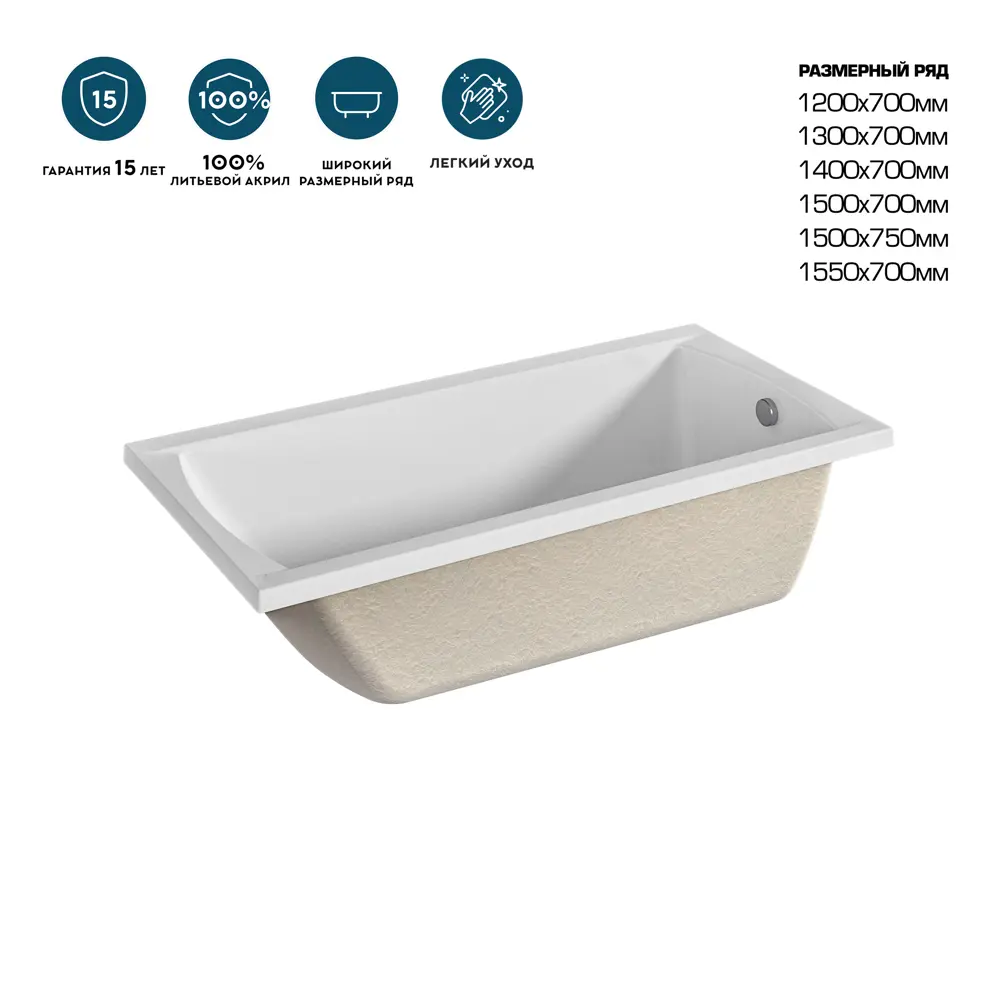 Ванна 100Acryl Ницца акриловая 120x70 см каркас в комплекте STLM-2022294 - Вид №6