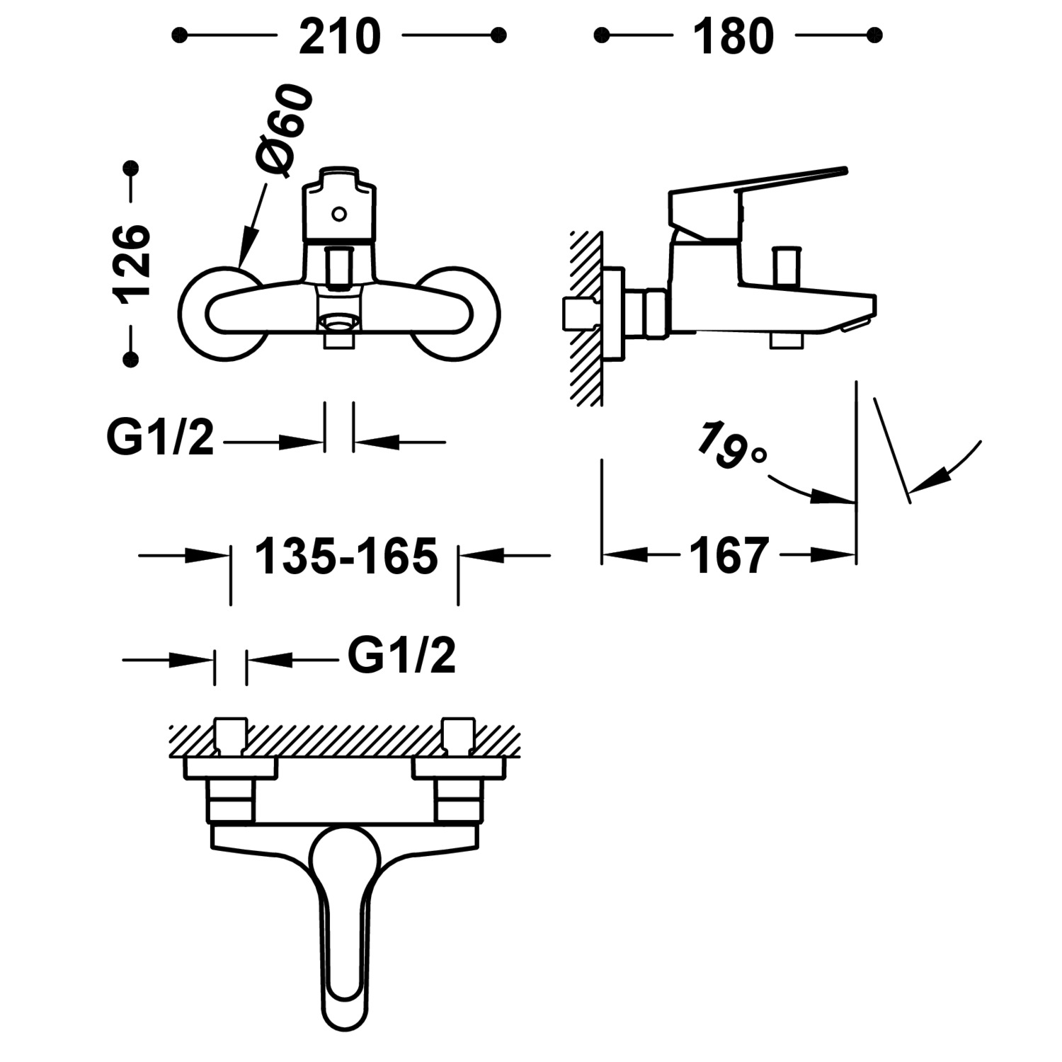 Базовый настенный смеситель для ванны и душа с одной ручкой-21517010 TRES Base - Вид №1