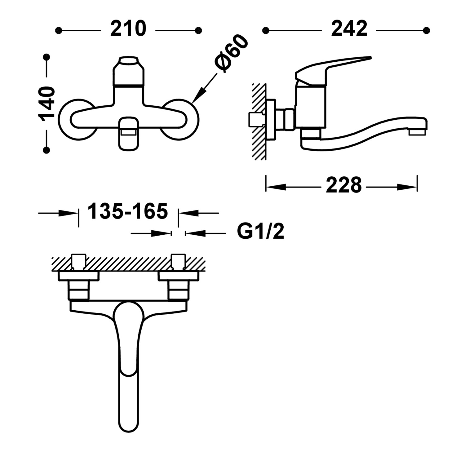КУХОННЫЙ настенный смеситель с одной ручкой для кухни-21632020 TRES Kitchen - Вид №1