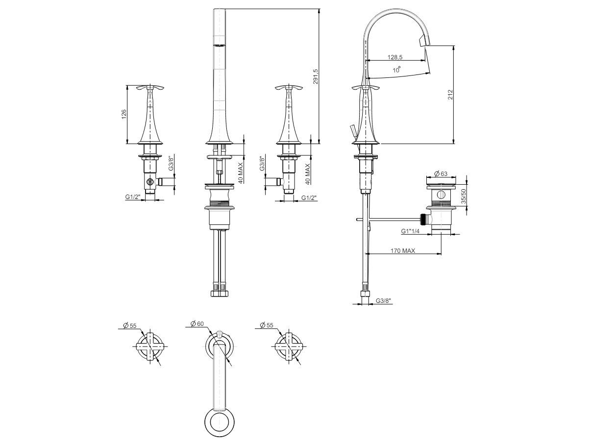 Высокий смеситель для раковины с раздельными розетками Rubinetterie Frattini Lucrezia ARCH-00072703 - Вид №6
